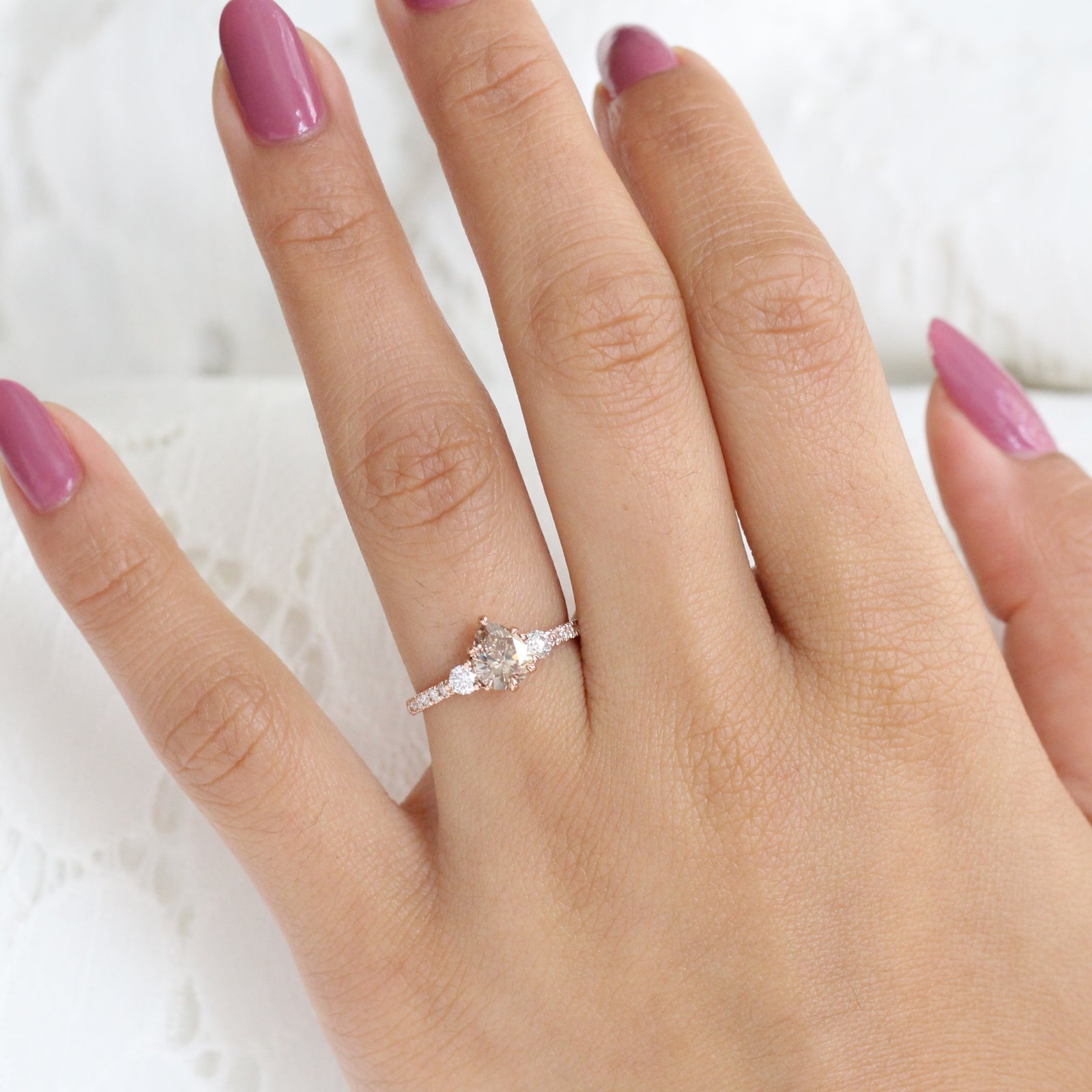 1.29 Ct Pear Champagne Diamond Ring in 14k Rose Gold 3 Stone Pave Band, Size 6.5