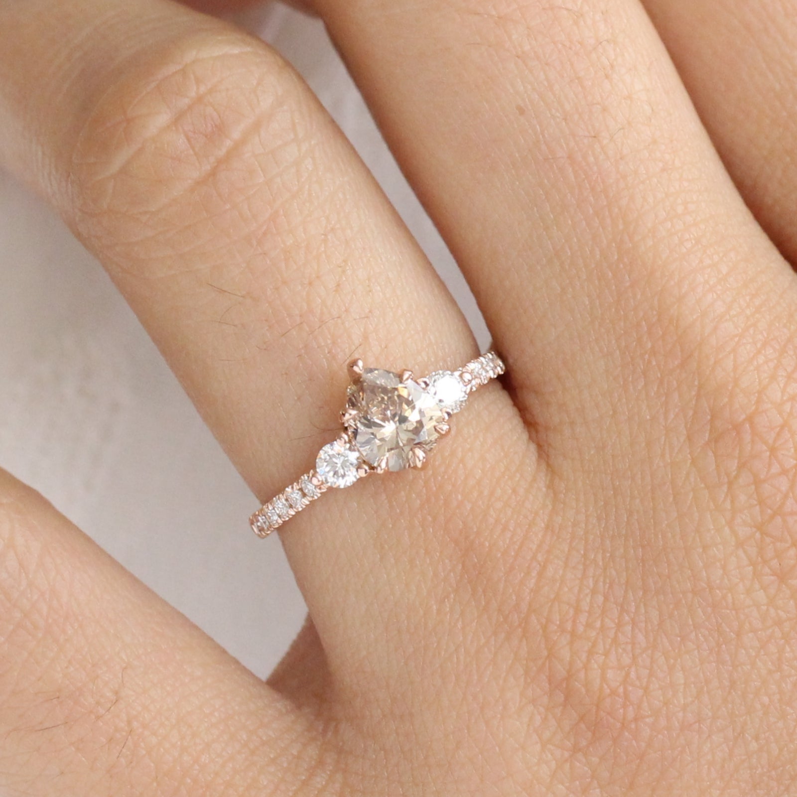 1.29 Ct Pear Champagne Diamond Ring in 14k Rose Gold 3 Stone Pave Band, Size 6.5