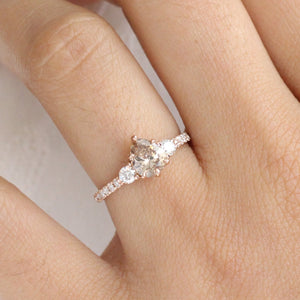 1.29 Ct Pear Champagne Diamond Ring in 14k Rose Gold 3 Stone Pave Band, Size 6.5