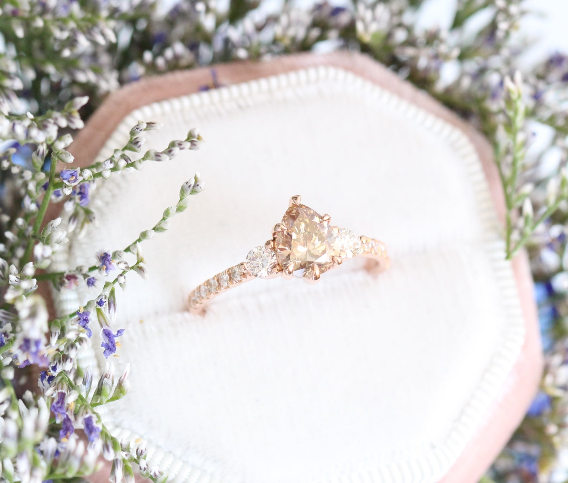 1.29 Ct Pear Champagne Diamond Ring in 14k Rose Gold 3 Stone Pave Band, Size 6.5