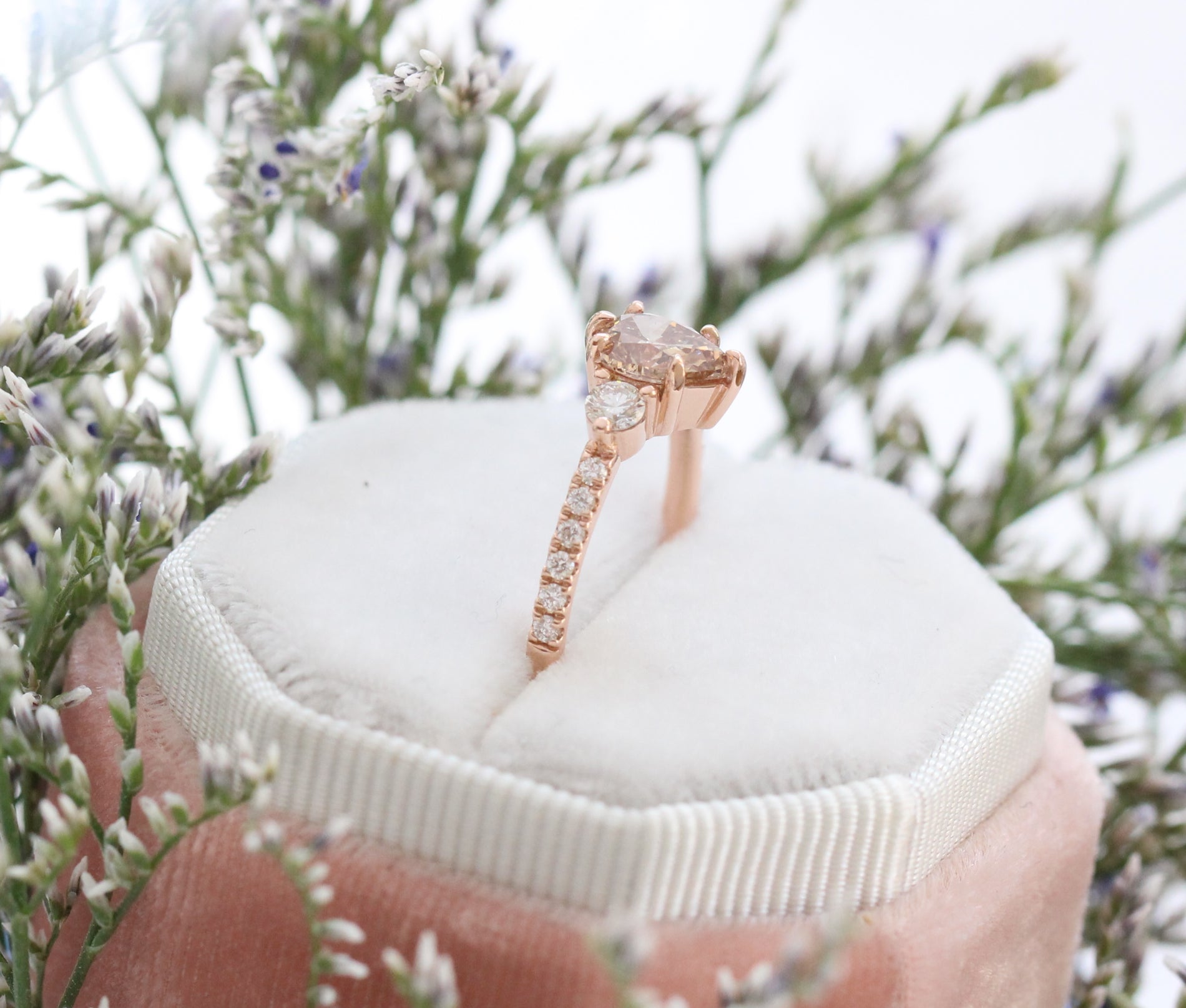 1.29 Ct Pear Champagne Diamond Ring in 14k Rose Gold 3 Stone Pave Band, Size 6.5