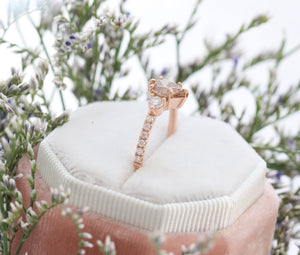 1.29 Ct Pear Champagne Diamond Ring in 14k Rose Gold 3 Stone Pave Band, Size 6.5