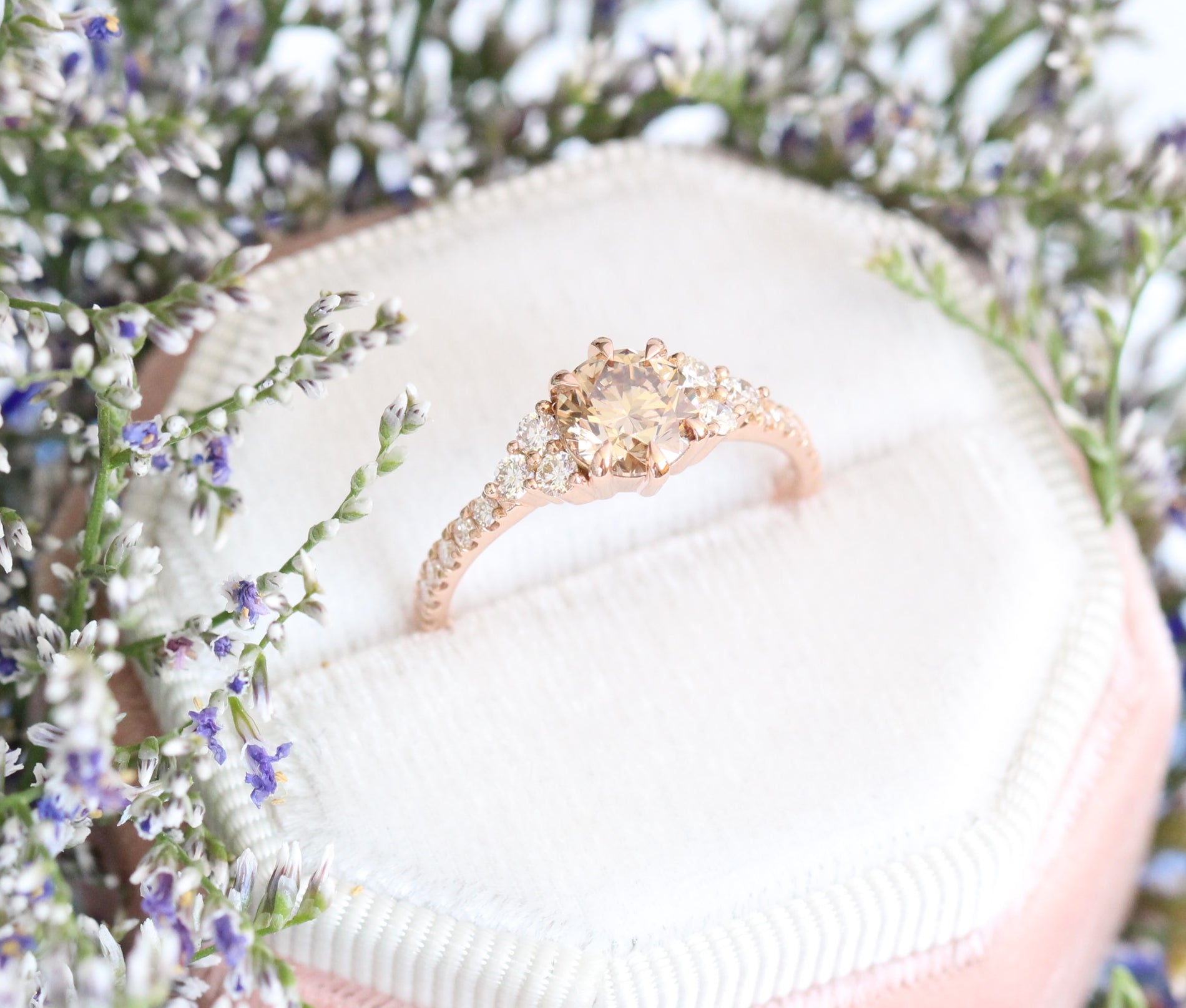 1.31 Ctw Champagne Diamond Ring in 14k Rose Gold 3 Stone Pave Band, Size 6.5