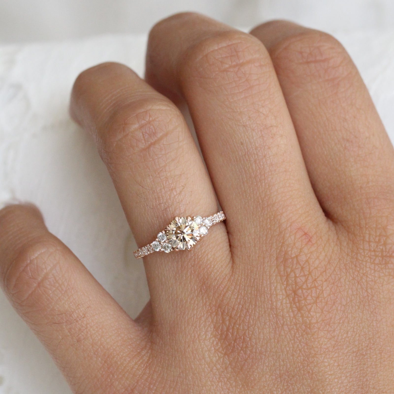1.31 Ctw Champagne Diamond Ring in 14k Rose Gold 3 Stone Pave Band, Size 6.5