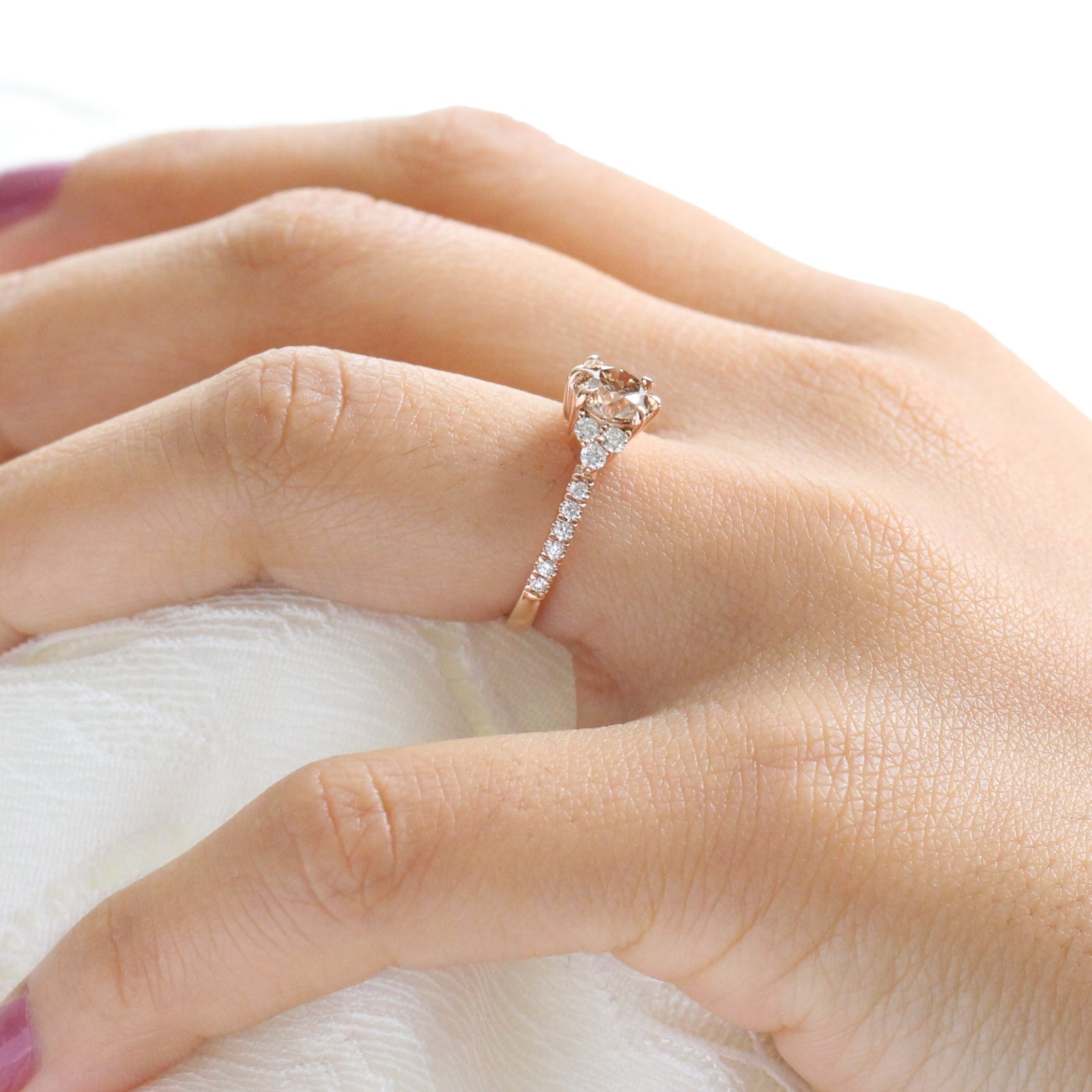 1.31 Ctw Champagne Diamond Ring in 14k Rose Gold 3 Stone Pave Band, Size 6.5