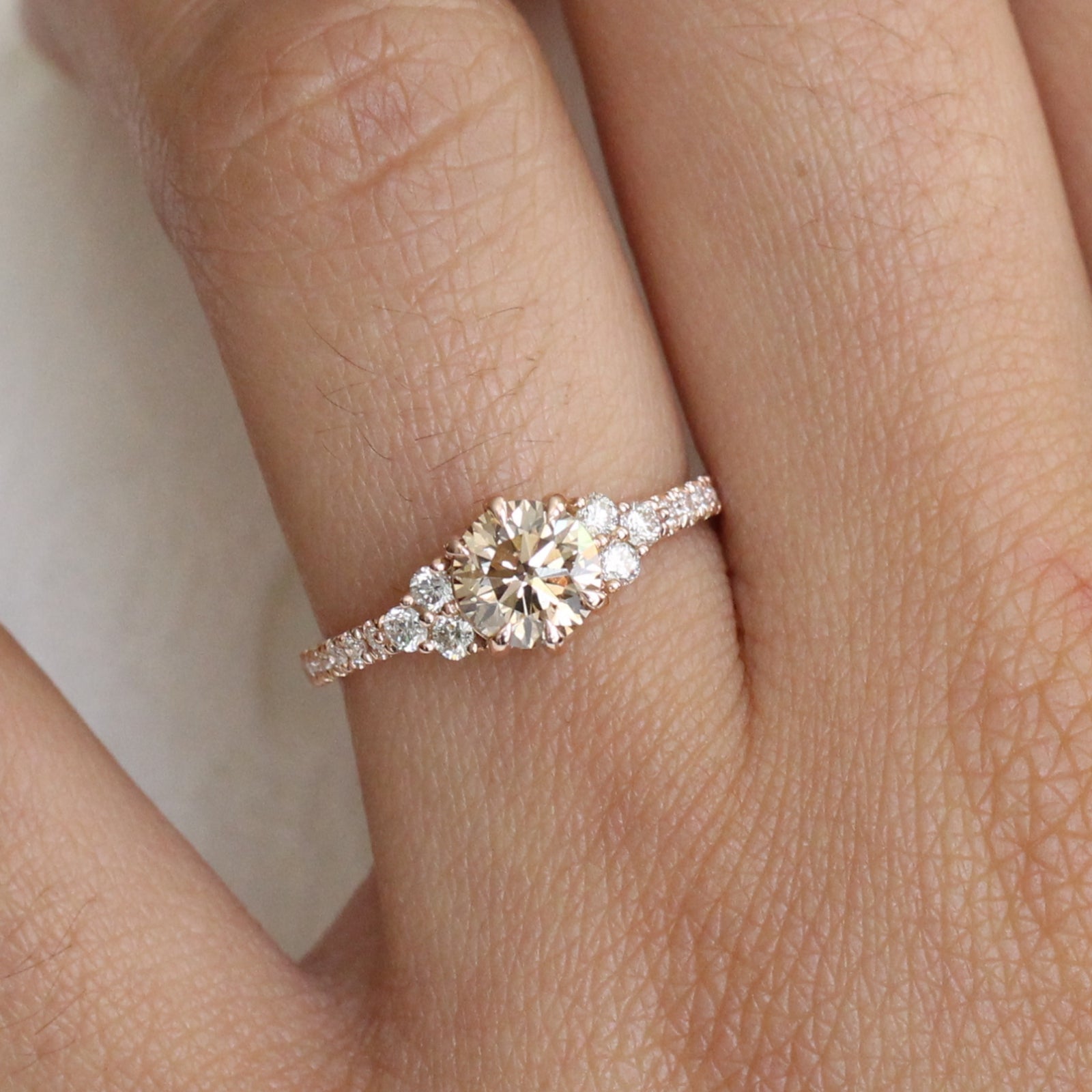 1.31 Ctw Champagne Diamond Ring in 14k Rose Gold 3 Stone Pave Band, Size 6.5