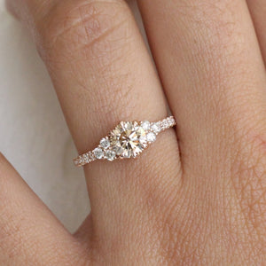 1.31 Ctw Champagne Diamond Ring in 14k Rose Gold 3 Stone Pave Band, Size 6.5