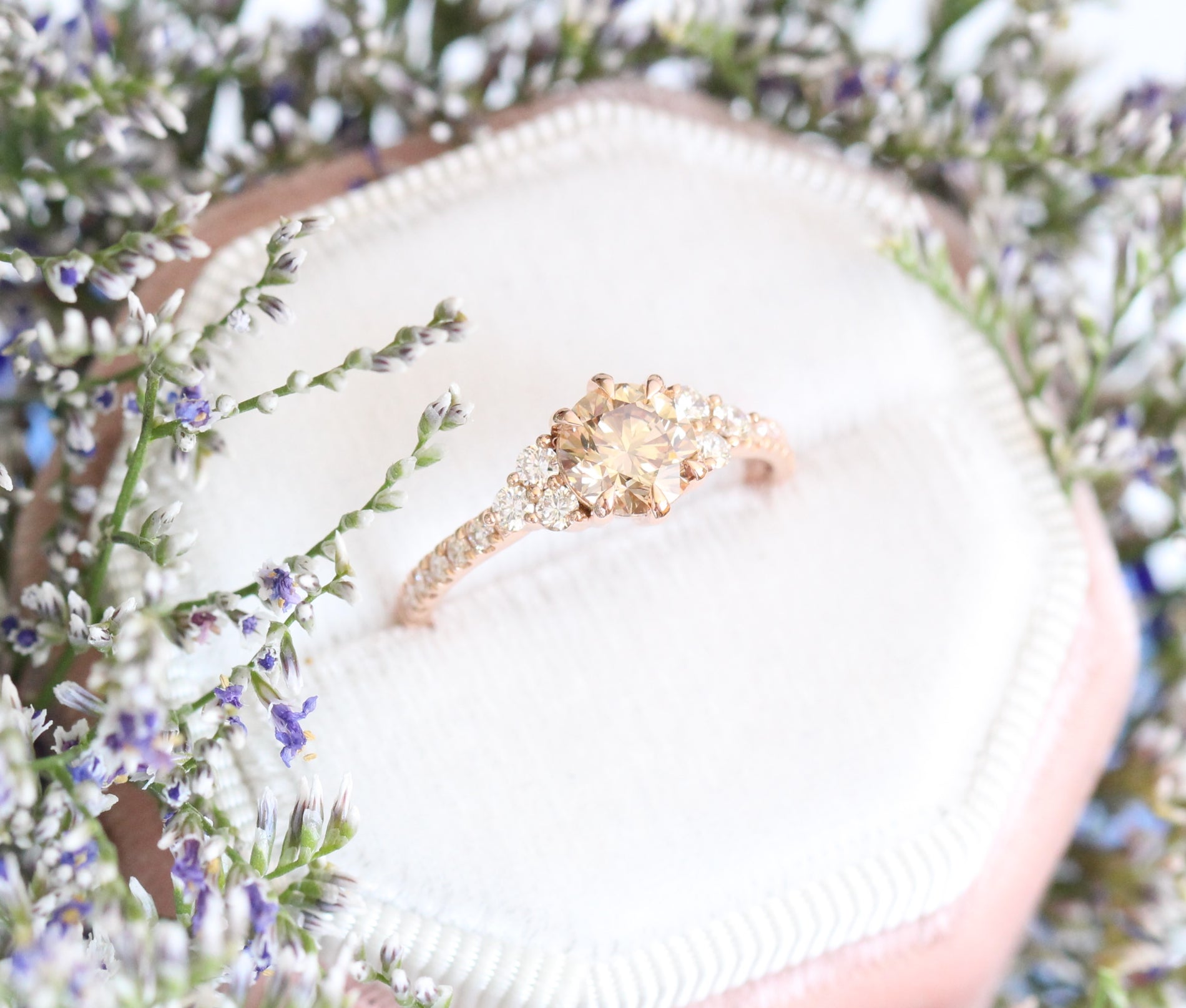 1.31 Ctw Champagne Diamond Ring in 14k Rose Gold 3 Stone Pave Band, Size 6.5