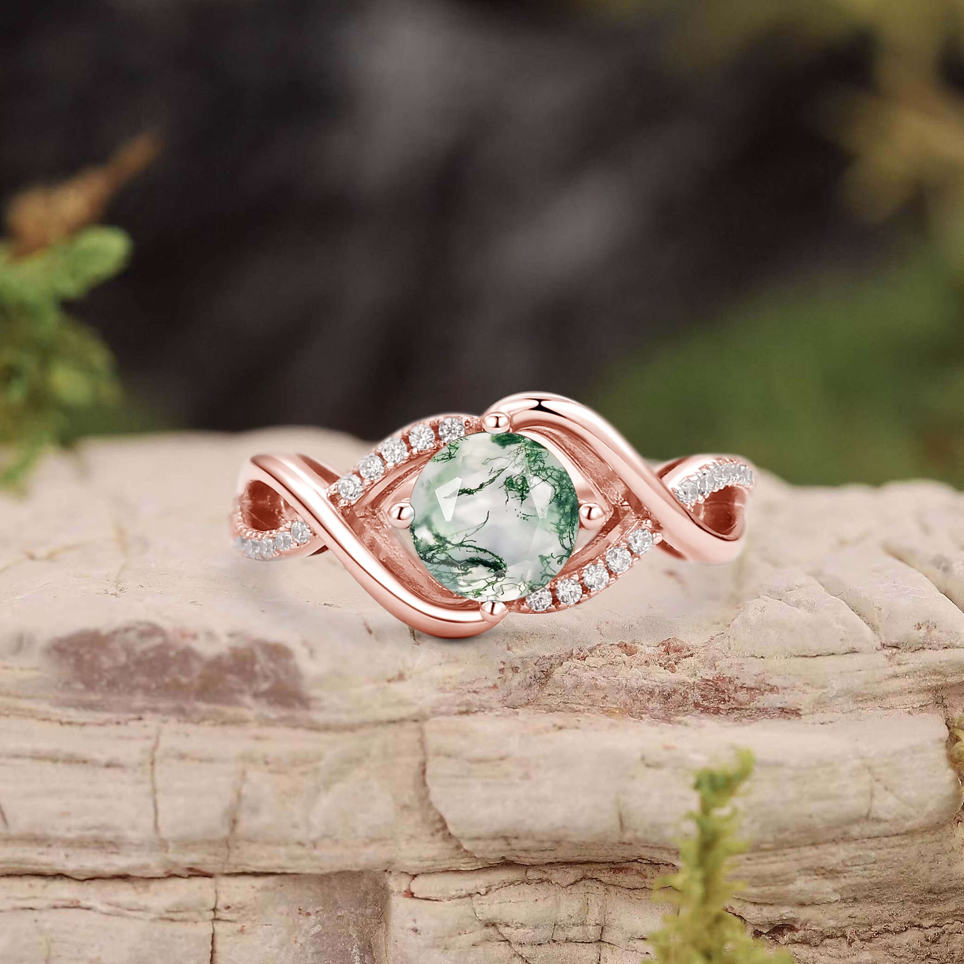 Classic Infinity Round Cut Moss Agate Engagement Ring