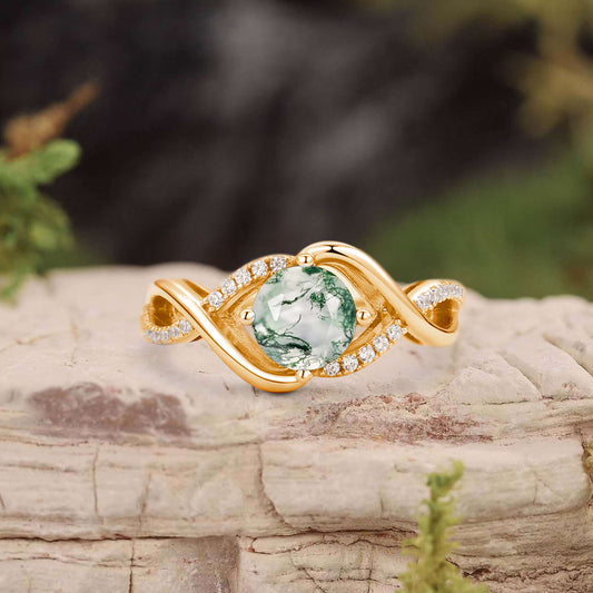 Classic Infinity Round Cut Moss Agate Engagement Ring