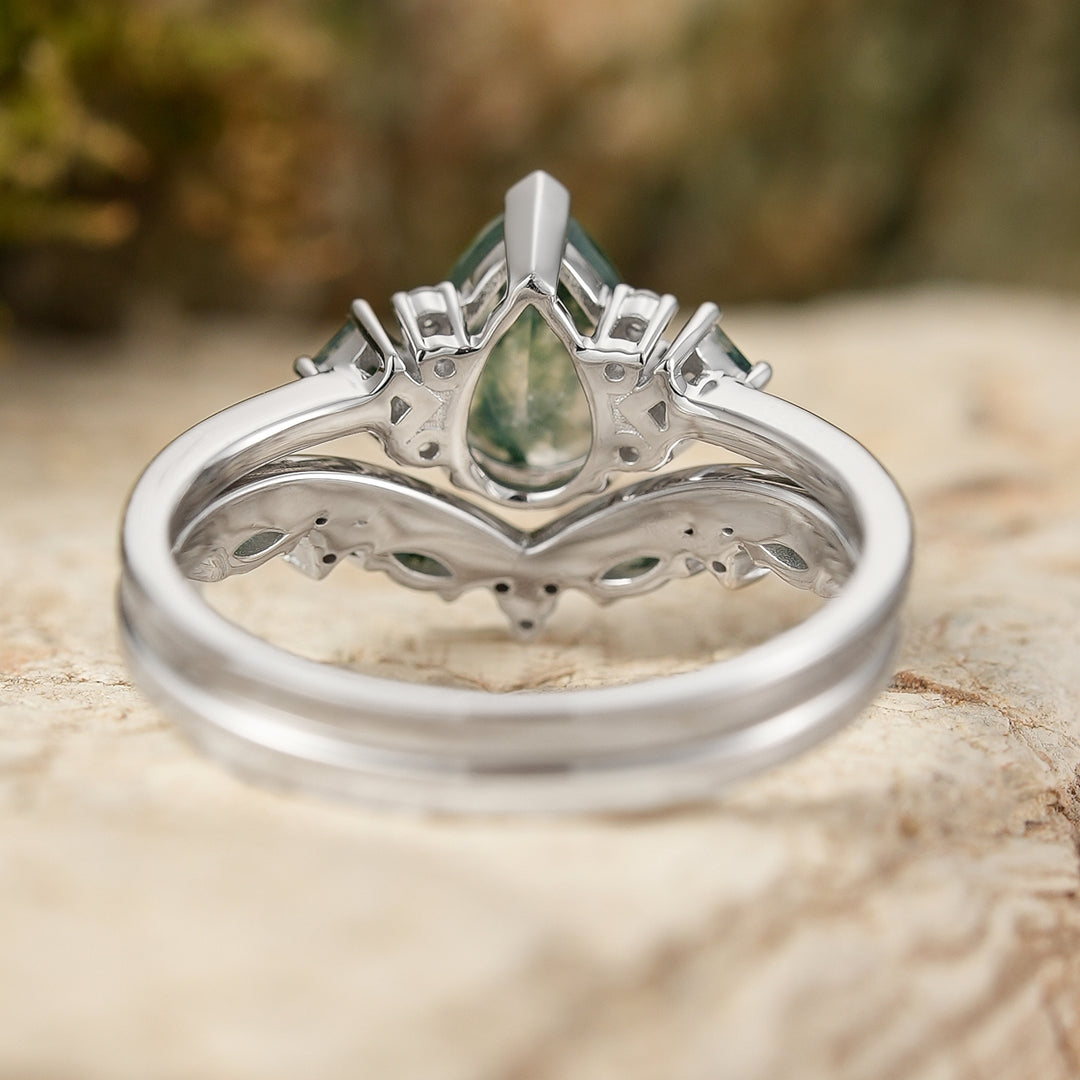 Nature Pear Cut Moss Agate Vine Engagement Ring Set
