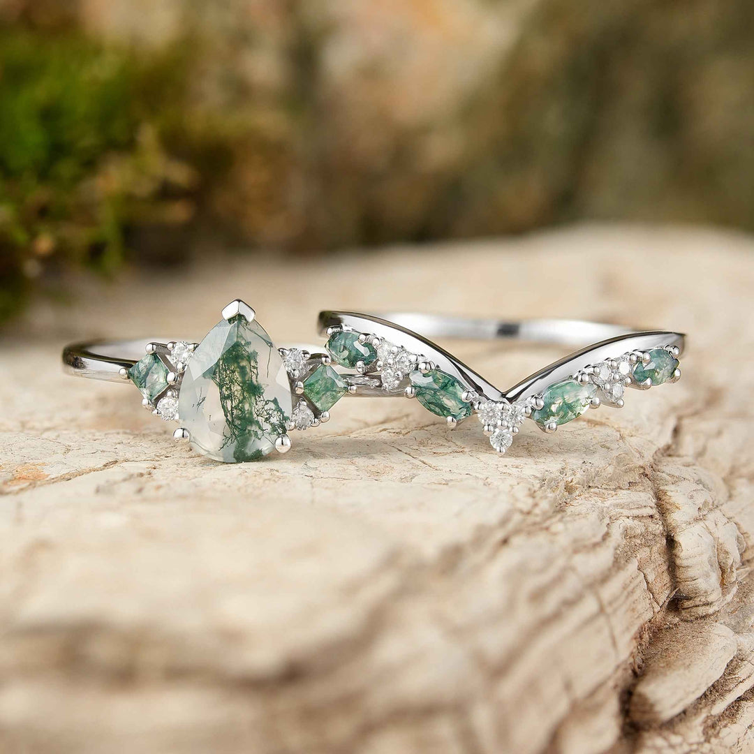 Nature Pear Cut Moss Agate Vine Engagement Ring Set