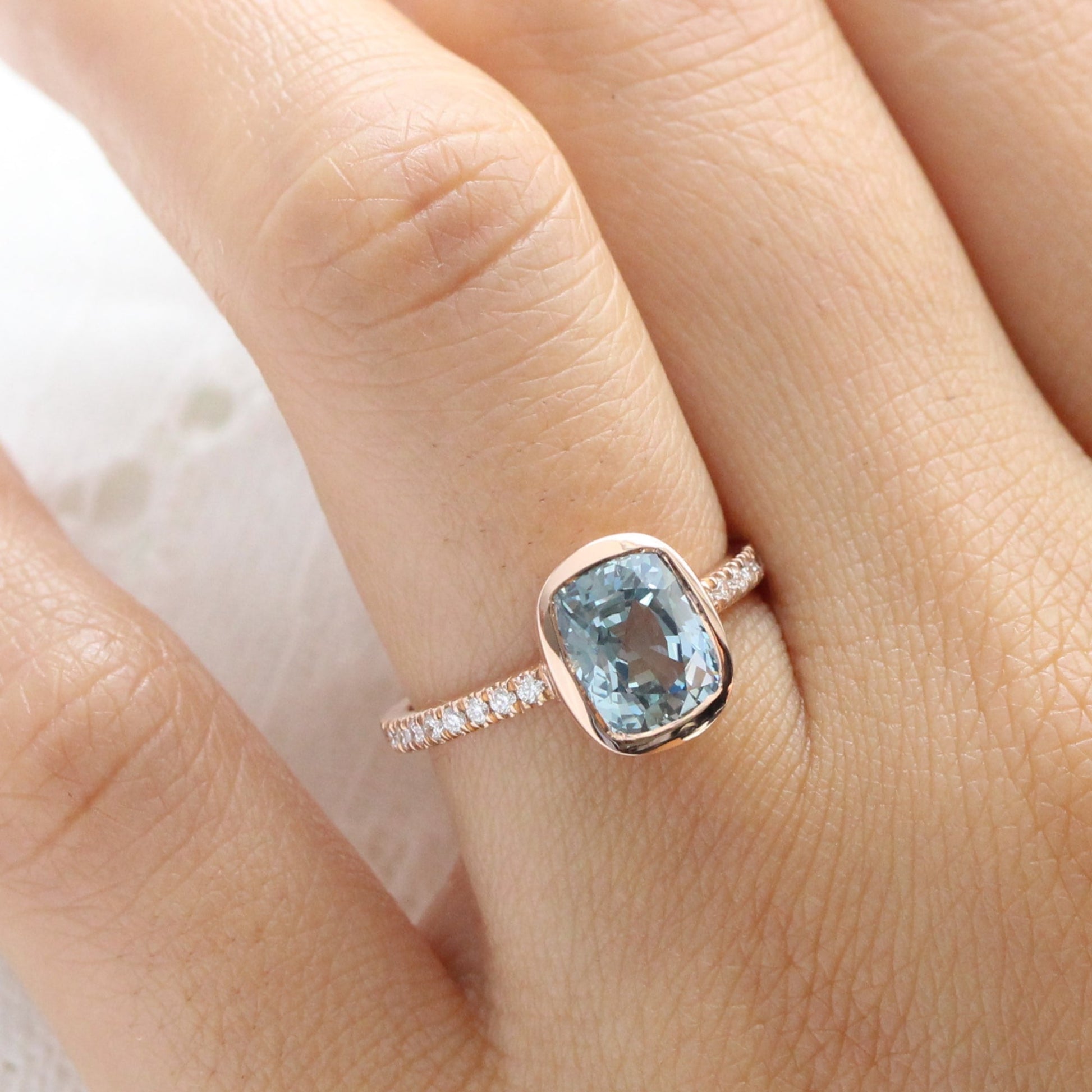 3.16 Ct Cushion Aqua Blue Sapphire Ring in 14k Rose Gold Bezel Pave Diamond, Size 6.25