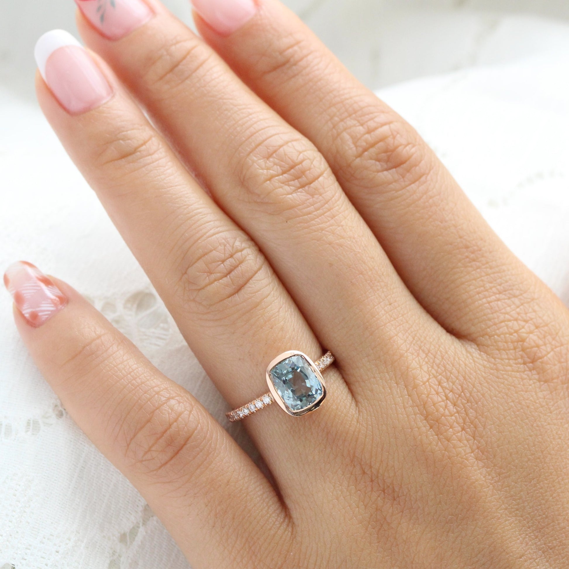 3.16 Ct Cushion Aqua Blue Sapphire Ring in 14k Rose Gold Bezel Pave Diamond, Size 6.25
