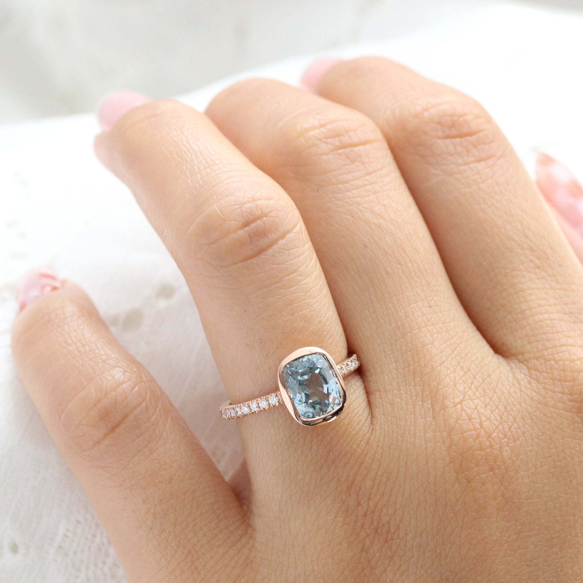 3.16 Ct Cushion Aqua Blue Sapphire Ring in 14k Rose Gold Bezel Pave Diamond, Size 6.25