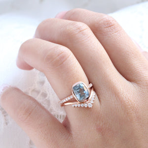 3.16 Ct Cushion Aqua Blue Sapphire Ring in 14k Rose Gold Bezel Pave Diamond, Size 6.25