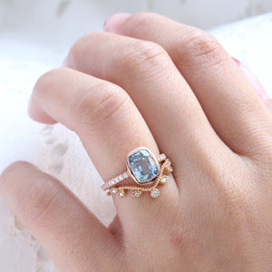 3.16 Ct Cushion Aqua Blue Sapphire Ring in 14k Rose Gold Bezel Pave Diamond, Size 6.25