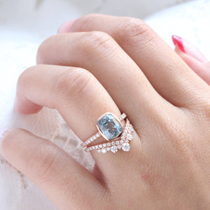 3.16 Ct Cushion Aqua Blue Sapphire Ring in 14k Rose Gold Bezel Pave Diamond, Size 6.25