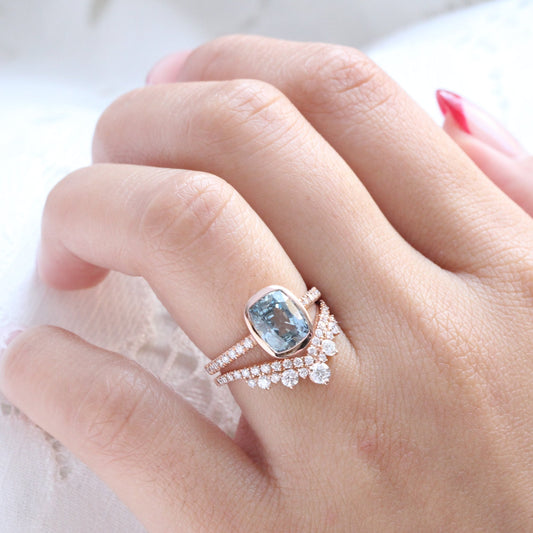 3.16 Ct Cushion Aqua Blue Sapphire Ring in 14k Rose Gold Bezel Pave Diamond, Size 6.25
