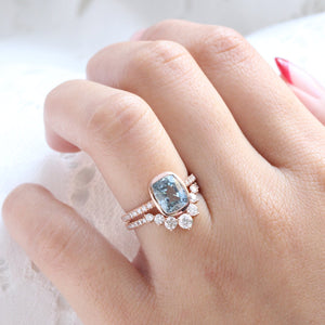 3.16 Ct Cushion Aqua Blue Sapphire Ring in 14k Rose Gold Bezel Pave Diamond, Size 6.25