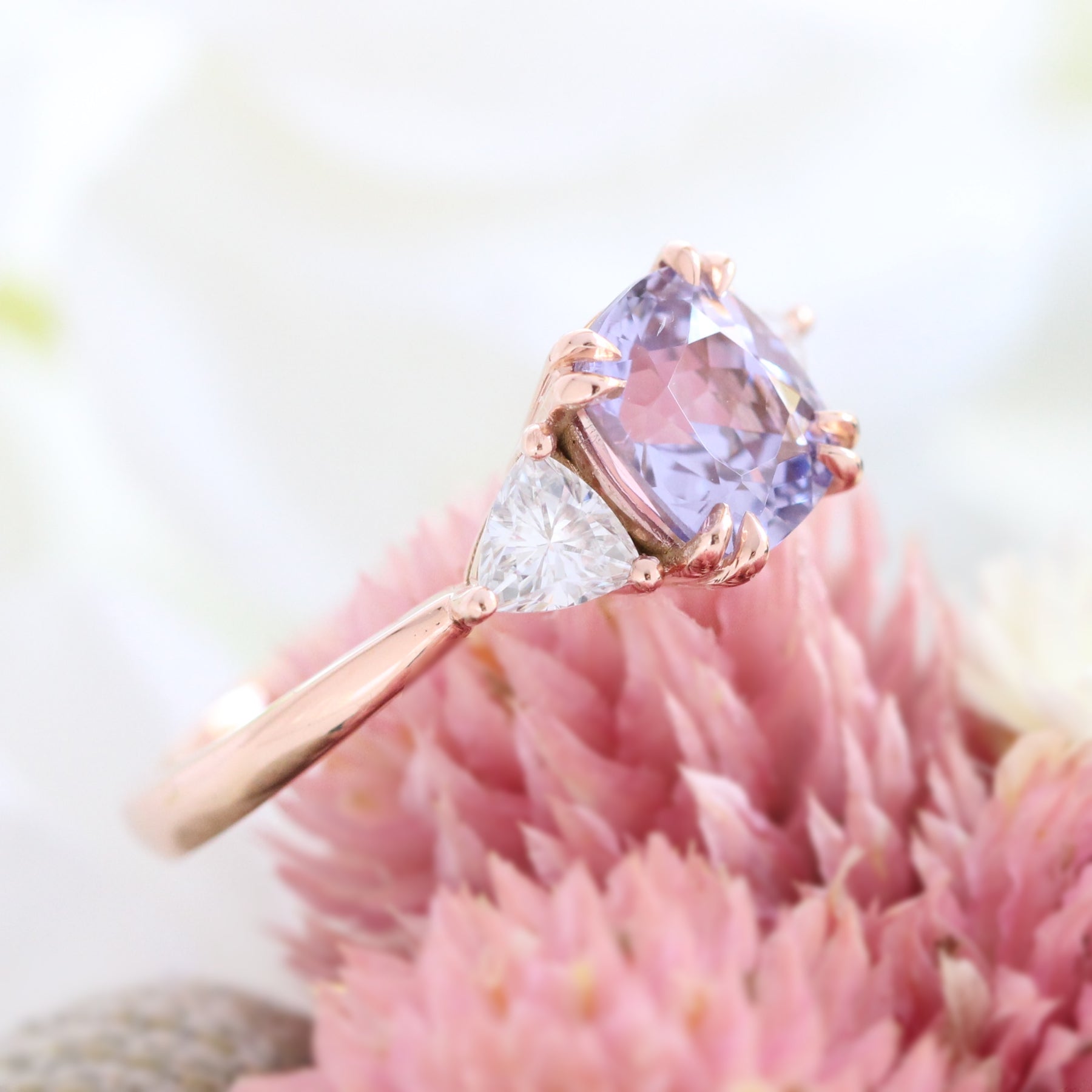 2.23 Ct Cushion Lavender Sapphire Ring in 14k Rose Gold 3 Stone Ring, Size 6.25