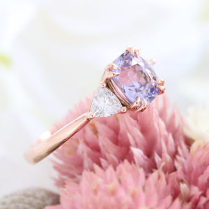 2.23 Ct Cushion Lavender Sapphire Ring in 14k Rose Gold 3 Stone Ring, Size 6.25
