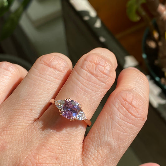 2.23 Ct Cushion Lavender Sapphire Ring in 14k Rose Gold 3 Stone Ring, Size 6.25