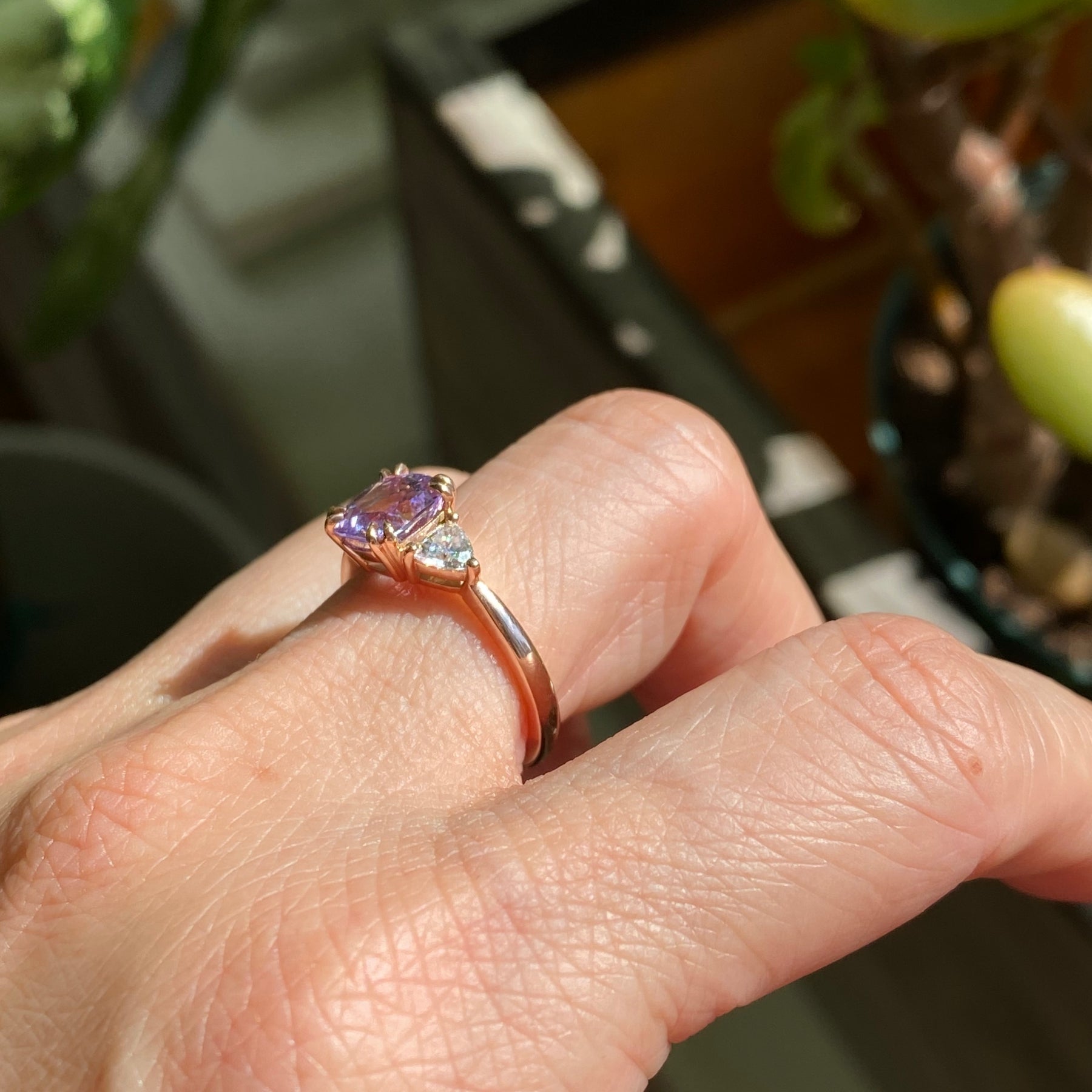 2.23 Ct Cushion Lavender Sapphire Ring in 14k Rose Gold 3 Stone Ring, Size 6.25