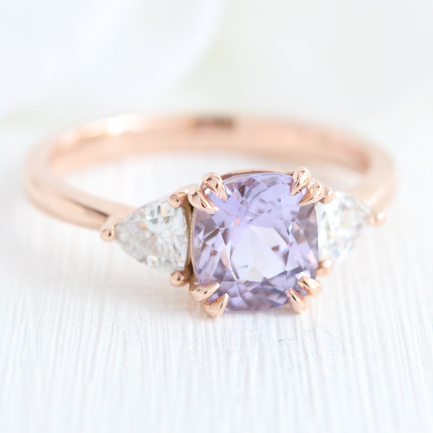 2.23 Ct Cushion Lavender Sapphire Ring in 14k Rose Gold 3 Stone Ring, Size 6.25