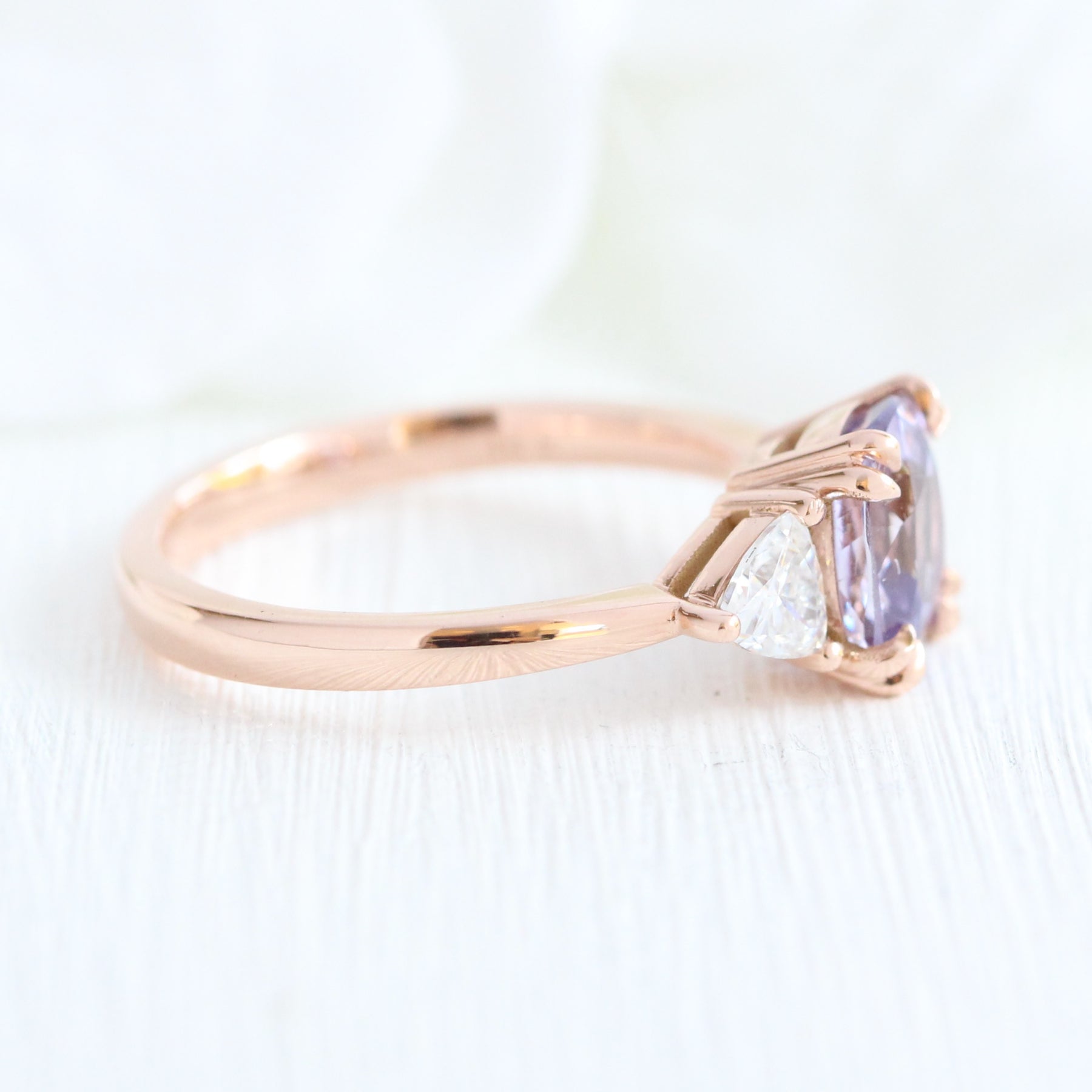2.23 Ct Cushion Lavender Sapphire Ring in 14k Rose Gold 3 Stone Ring, Size 6.25