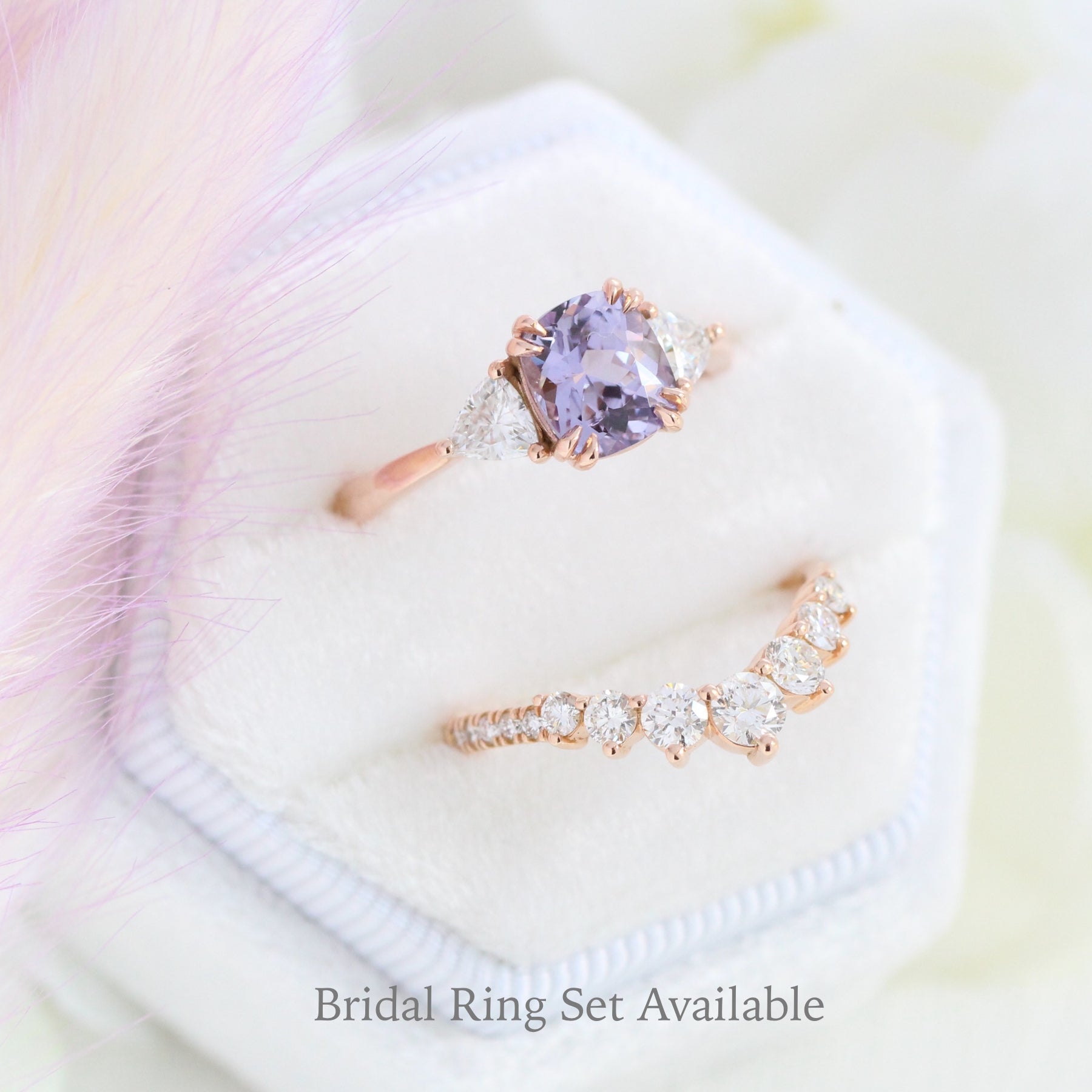 2.23 Ct Cushion Lavender Sapphire Ring in 14k Rose Gold 3 Stone Ring, Size 6.25