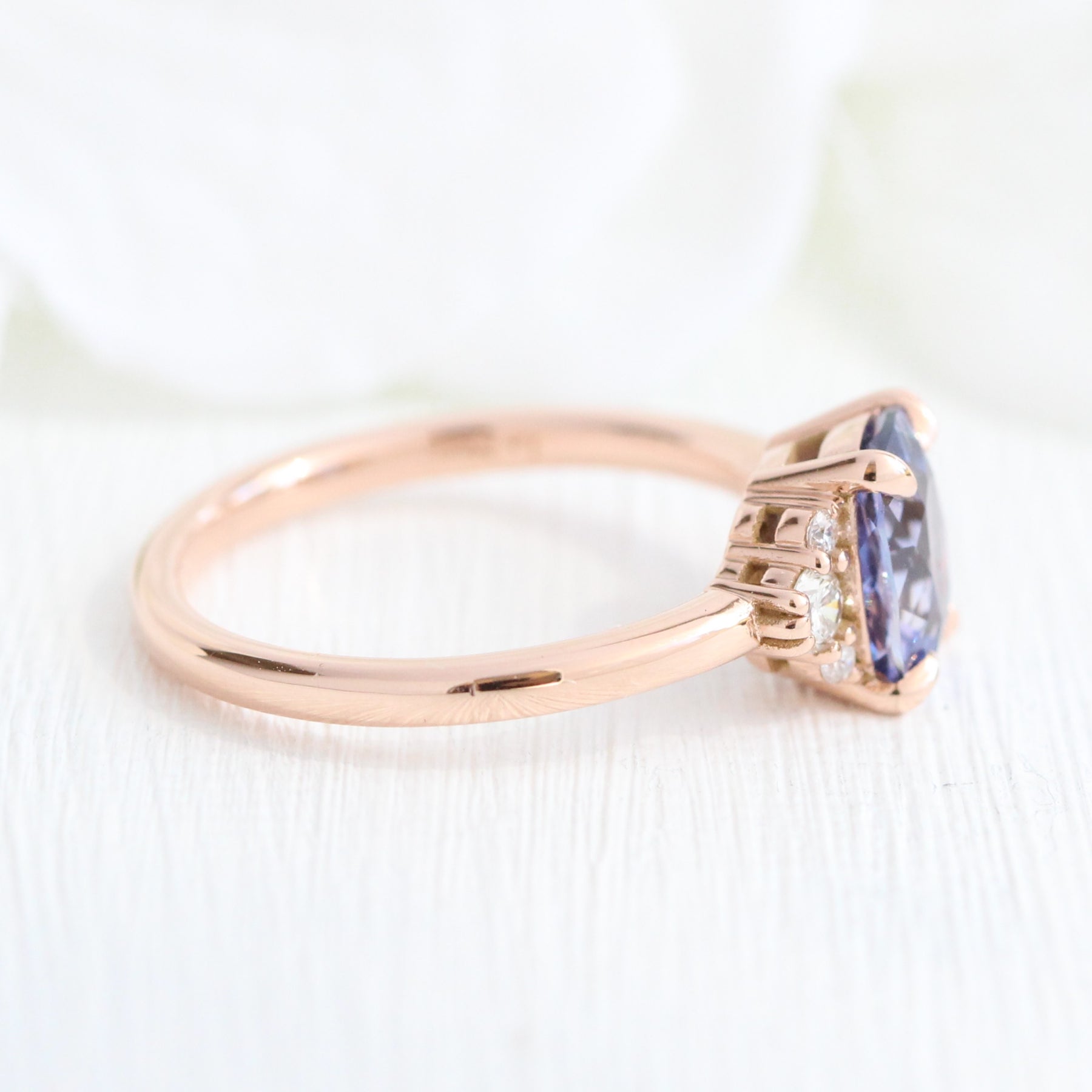 1.84 Ct. Cushion Lavender Sapphire Ring in 14k Rose Gold 3 Stone Diamond Ring, Size 6