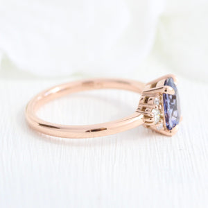1.84 Ct. Cushion Lavender Sapphire Ring in 14k Rose Gold 3 Stone Diamond Ring, Size 6