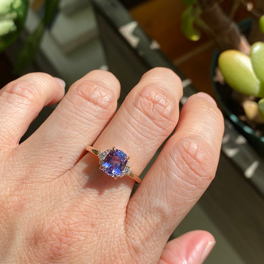 1.84 Ct. Cushion Lavender Sapphire Ring in 14k Rose Gold 3 Stone Diamond Ring, Size 6
