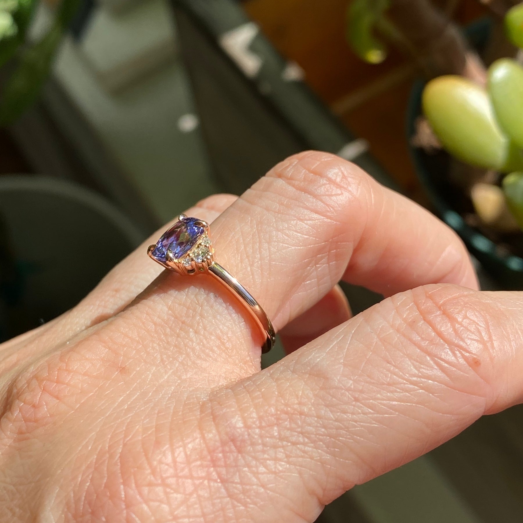 1.84 Ct. Cushion Lavender Sapphire Ring in 14k Rose Gold 3 Stone Diamond Ring, Size 6