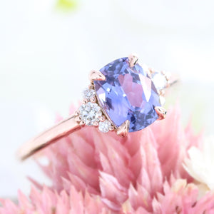 1.84 Ct. Cushion Lavender Sapphire Ring in 14k Rose Gold 3 Stone Diamond Ring, Size 6