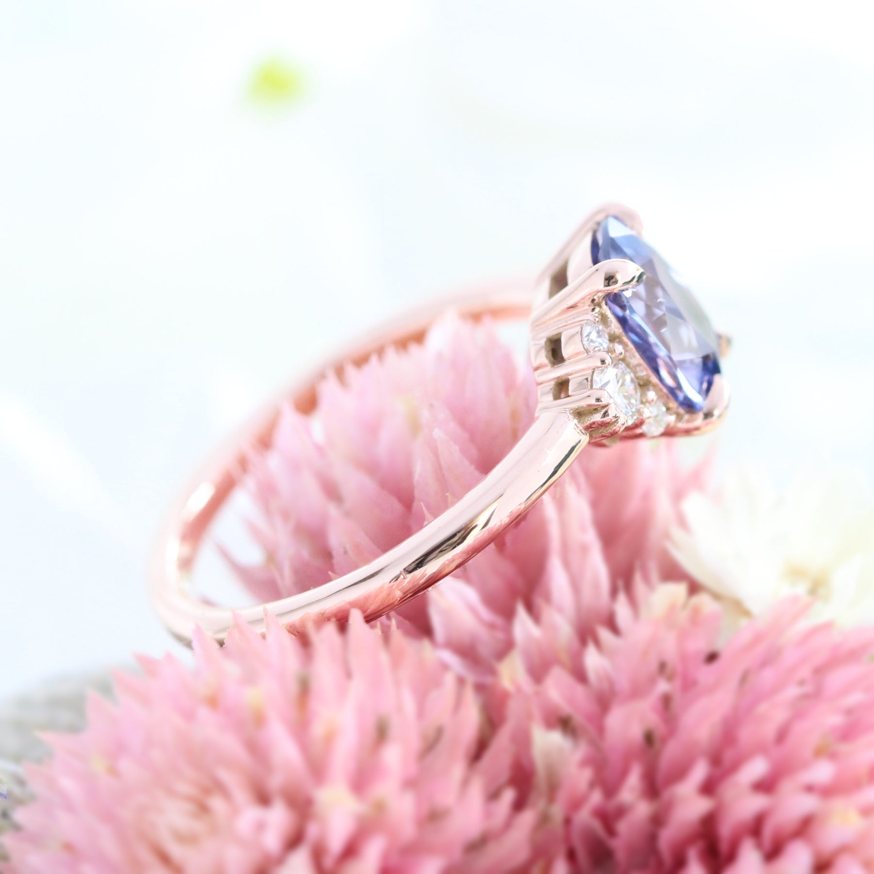 1.84 Ct. Cushion Lavender Sapphire Ring in 14k Rose Gold 3 Stone Diamond Ring, Size 6