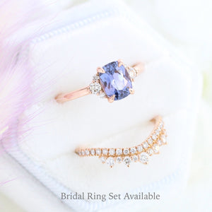 1.84 Ct. Cushion Lavender Sapphire Ring in 14k Rose Gold 3 Stone Diamond Ring, Size 6