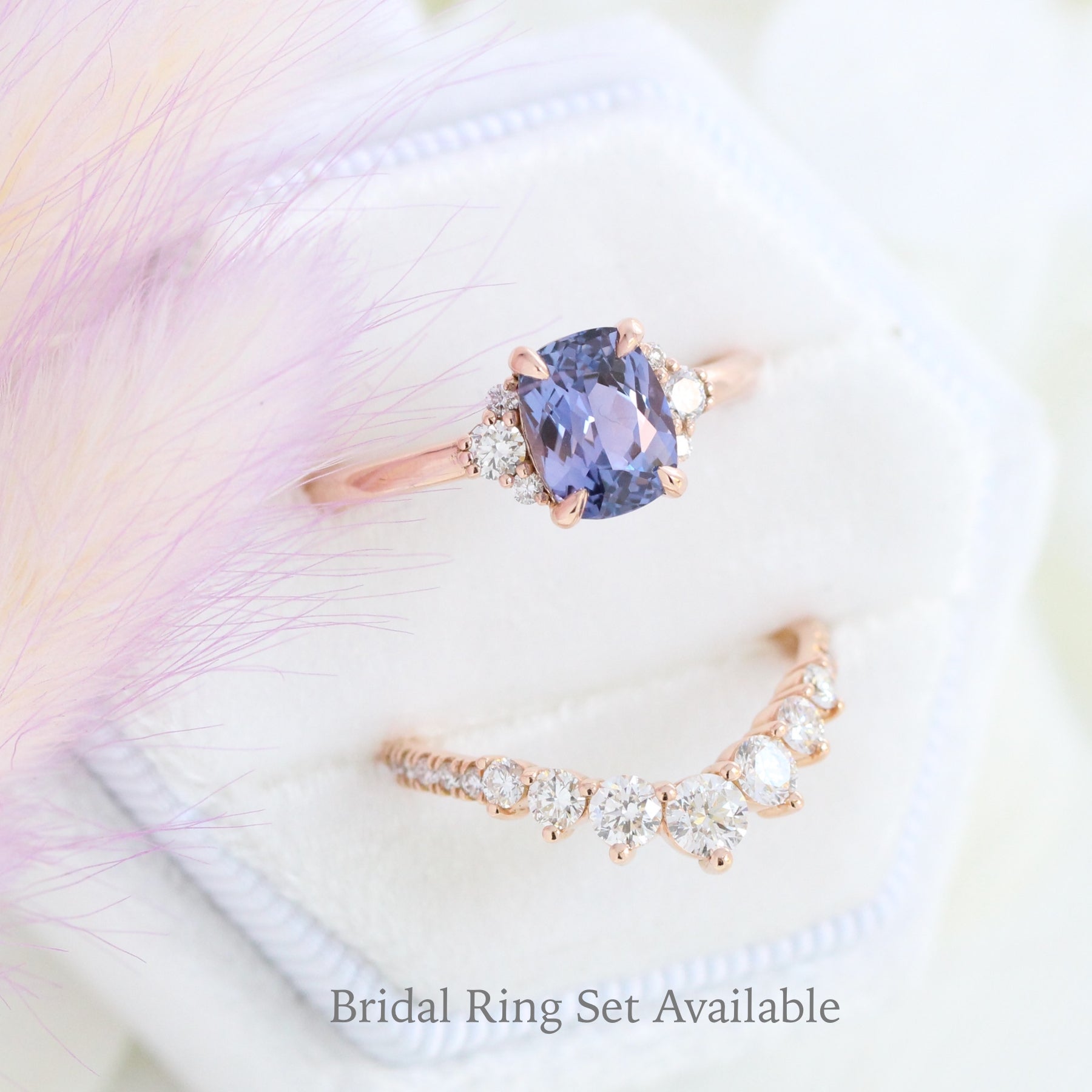 1.84 Ct. Cushion Lavender Sapphire Ring in 14k Rose Gold 3 Stone Diamond Ring, Size 6