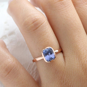 2.03 Ct Large Violet Purple Sapphire Ring in 14k Rose Gold Cushion Bezel Ring, Size 6.25