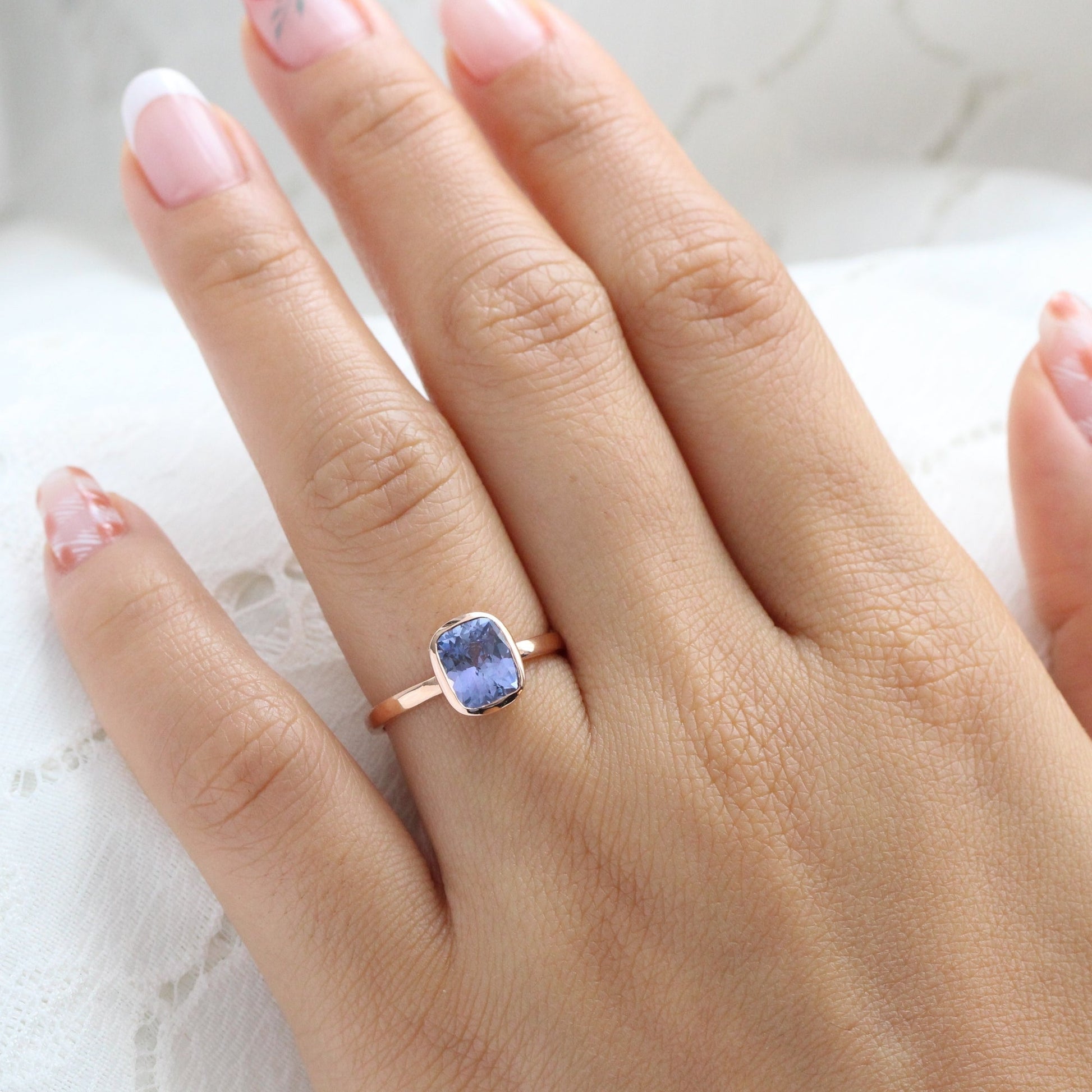 2.03 Ct Large Violet Purple Sapphire Ring in 14k Rose Gold Cushion Bezel Ring, Size 6.25