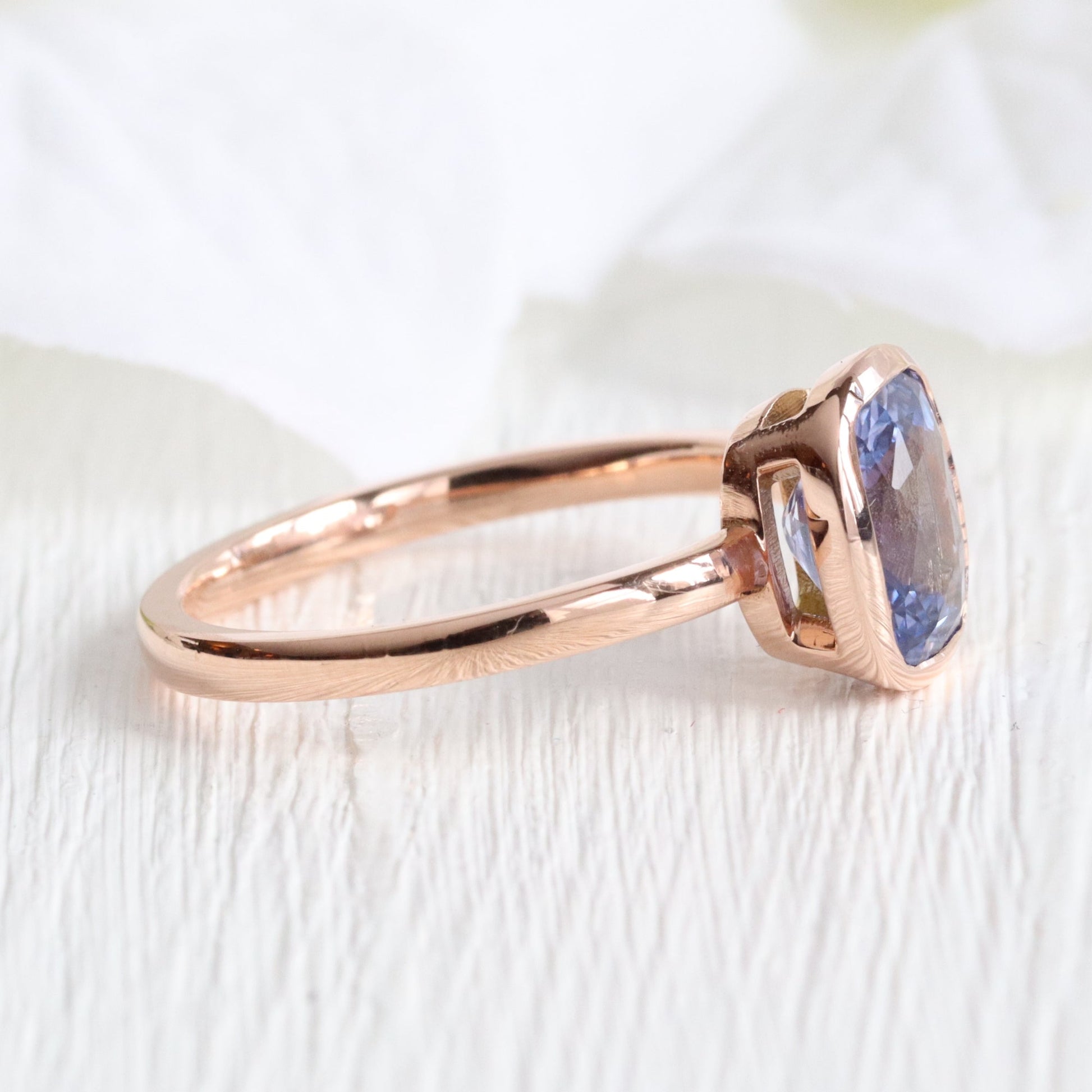 2.03 Ct Large Violet Purple Sapphire Ring in 14k Rose Gold Cushion Bezel Ring, Size 6.25