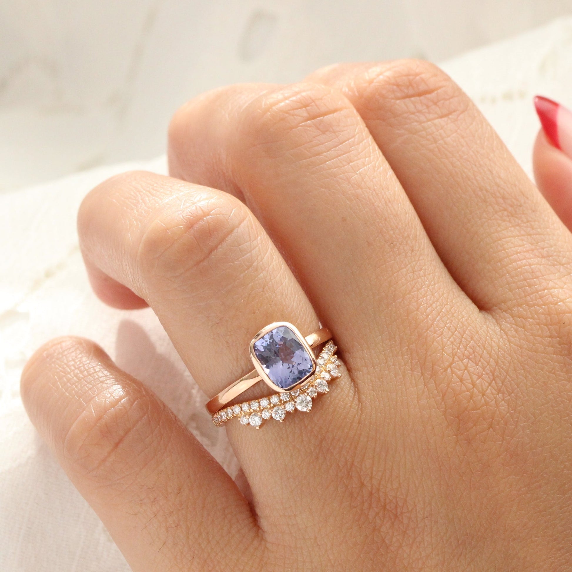 2.03 Ct Large Violet Purple Sapphire Ring in 14k Rose Gold Cushion Bezel Ring, Size 6.25