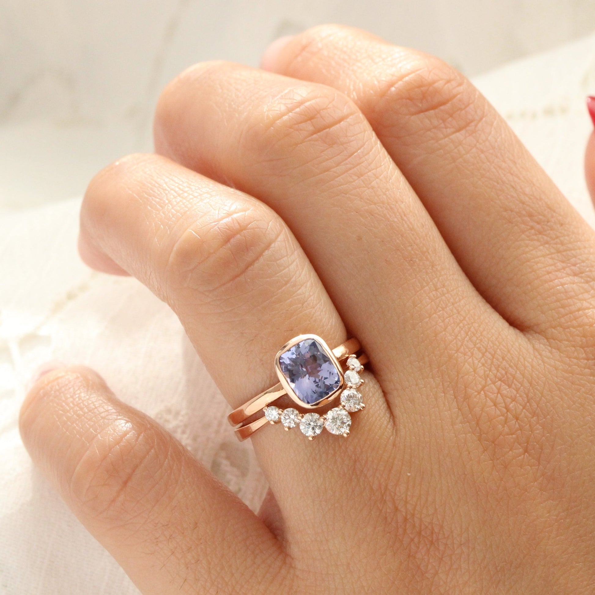 2.03 Ct Large Violet Purple Sapphire Ring in 14k Rose Gold Cushion Bezel Ring, Size 6.25