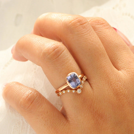 2.03 Ct Large Violet Purple Sapphire Ring in 14k Rose Gold Cushion Bezel Ring, Size 6.25