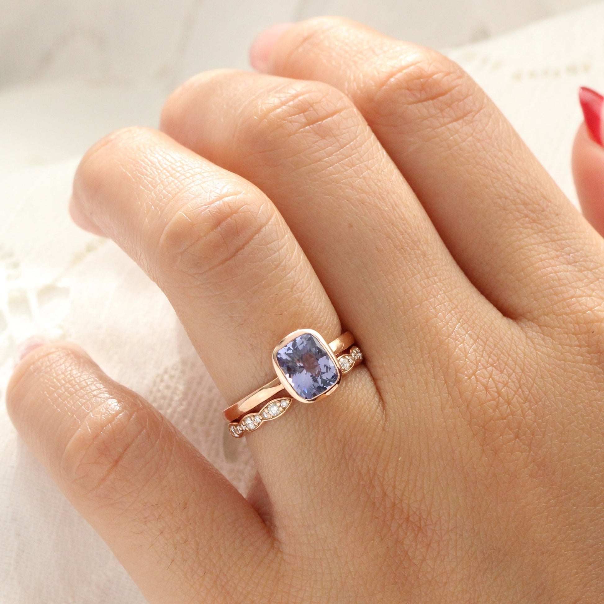 2.03 Ct Large Violet Purple Sapphire Ring in 14k Rose Gold Cushion Bezel Ring, Size 6.25