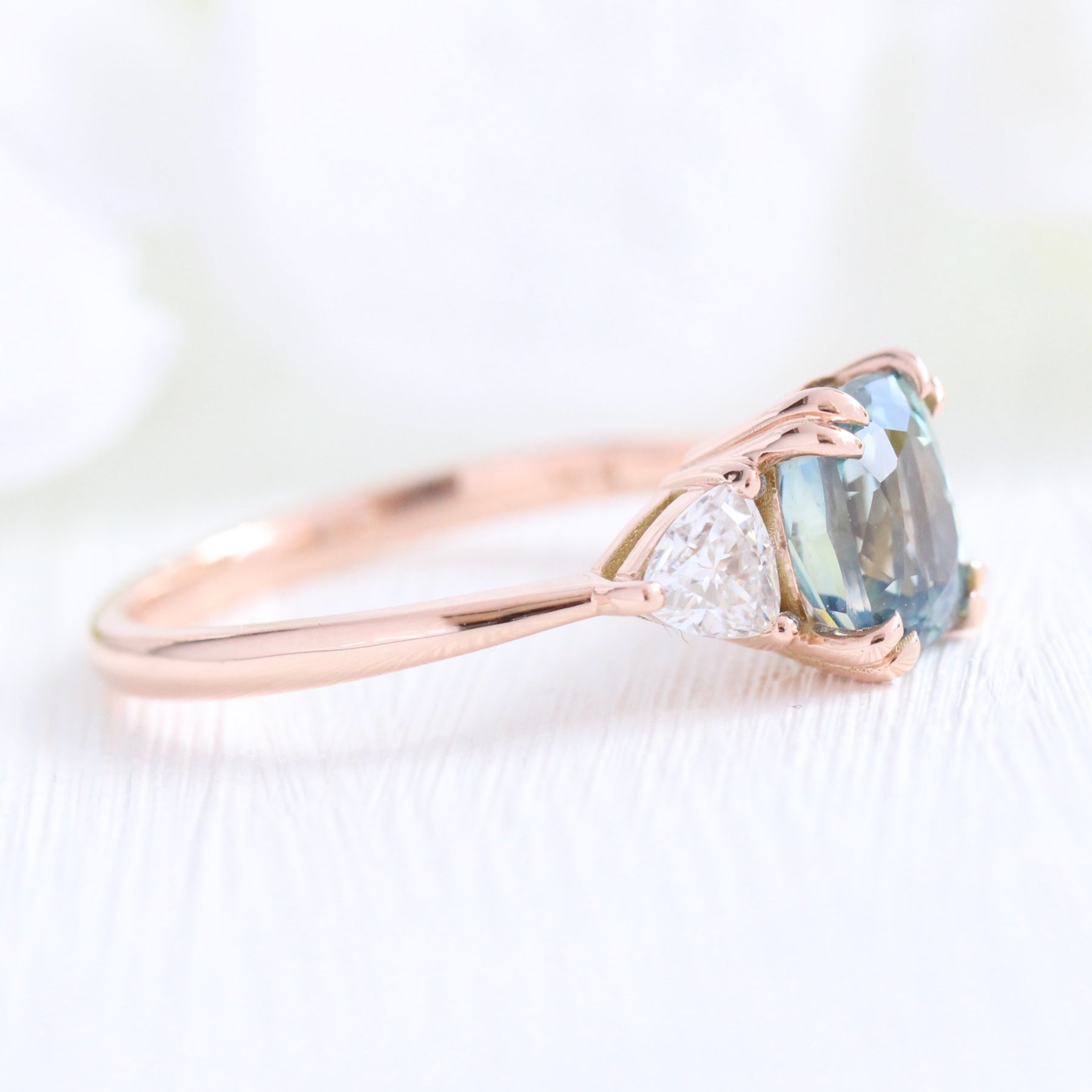 2.36 Ct Cushion Teal Green Sapphire Ring in 14k Rose Gold 3 Stone Ring, Size 6.25