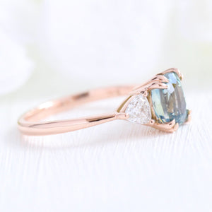 2.36 Ct Cushion Teal Green Sapphire Ring in 14k Rose Gold 3 Stone Ring, Size 6.25