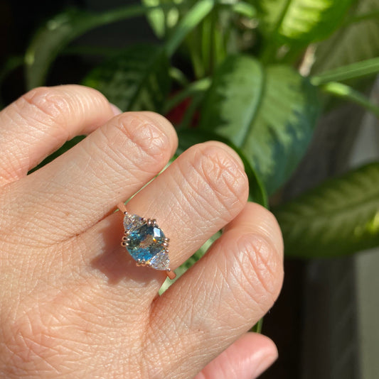 2.36 Ct Cushion Teal Green Sapphire Ring in 14k Rose Gold 3 Stone Ring, Size 6.25