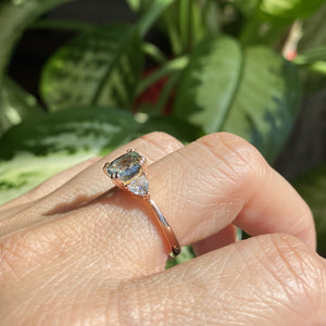 2.36 Ct Cushion Teal Green Sapphire Ring in 14k Rose Gold 3 Stone Ring, Size 6.25